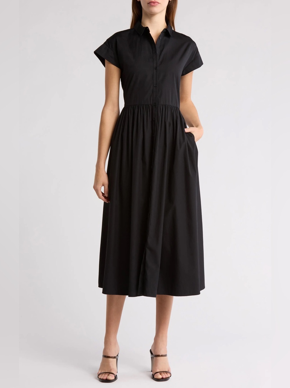 Drop Waist Button Front Cotton Midi Dress
